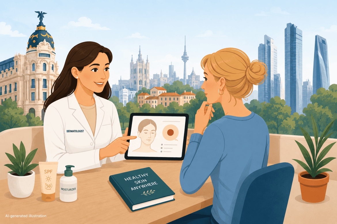 illustration of an English-speaking dermatologist consulting with an international patient in Madrid