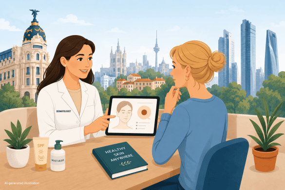 illustration of an English-speaking dermatologist consulting with an international patient in Madrid
